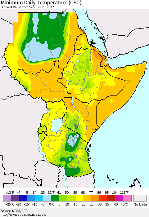 Eastern Africa Minimum Daily Temperature (CPC) Thematic Map For 9/19/2022 - 9/25/2022
