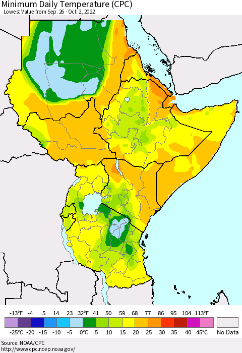 Eastern Africa Minimum Daily Temperature (CPC) Thematic Map For 9/26/2022 - 10/2/2022