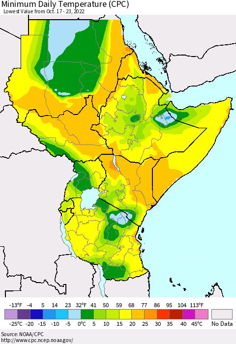 Eastern Africa Minimum Daily Temperature (CPC) Thematic Map For 10/17/2022 - 10/23/2022