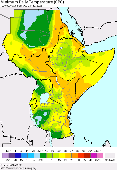 Eastern Africa Minimum Daily Temperature (CPC) Thematic Map For 10/24/2022 - 10/30/2022