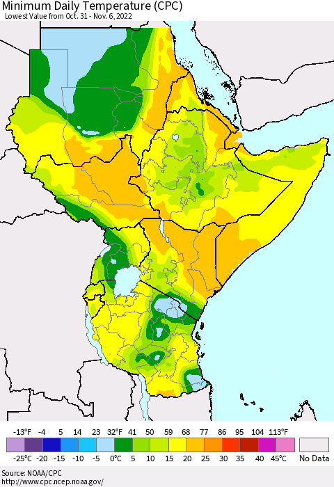 Eastern Africa Minimum Daily Temperature (CPC) Thematic Map For 10/31/2022 - 11/6/2022