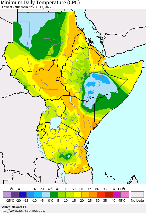 Eastern Africa Minimum Daily Temperature (CPC) Thematic Map For 11/7/2022 - 11/13/2022