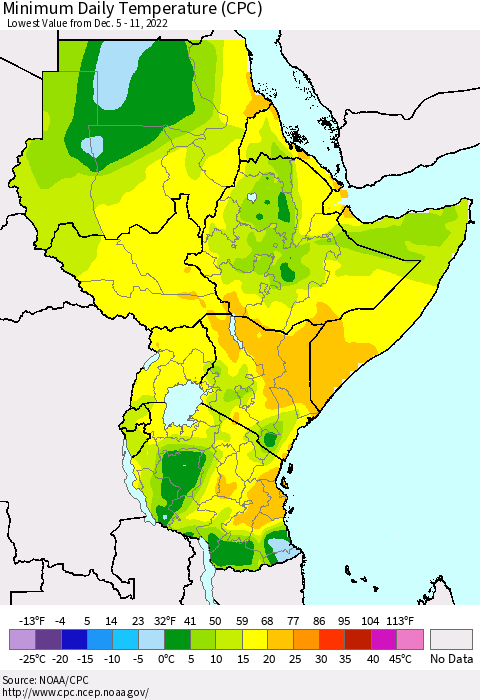 Eastern Africa Minimum Daily Temperature (CPC) Thematic Map For 12/5/2022 - 12/11/2022