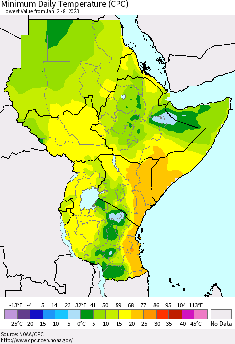 Eastern Africa Minimum Daily Temperature (CPC) Thematic Map For 1/2/2023 - 1/8/2023