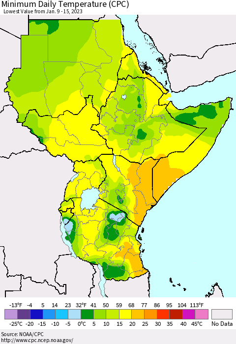 Eastern Africa Minimum Daily Temperature (CPC) Thematic Map For 1/9/2023 - 1/15/2023