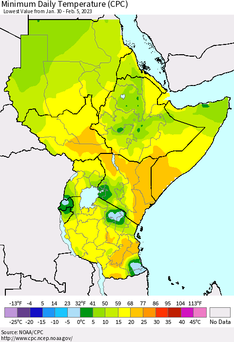 Eastern Africa Minimum Daily Temperature (CPC) Thematic Map For 1/30/2023 - 2/5/2023