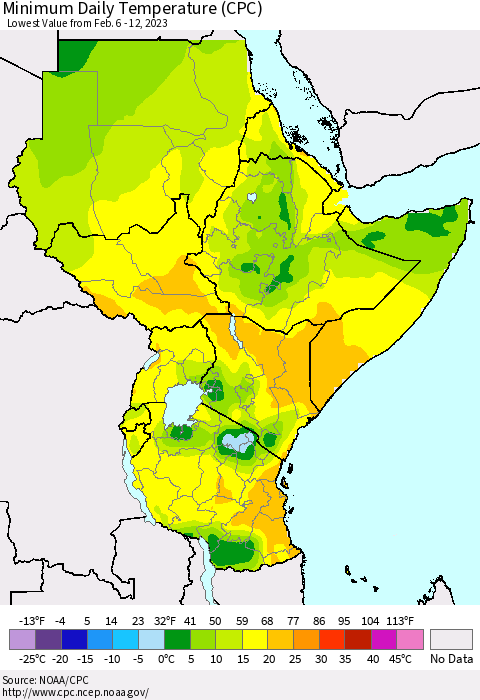 Eastern Africa Minimum Daily Temperature (CPC) Thematic Map For 2/6/2023 - 2/12/2023