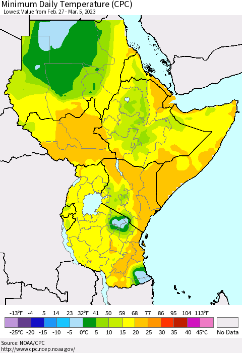 Eastern Africa Minimum Daily Temperature (CPC) Thematic Map For 2/27/2023 - 3/5/2023
