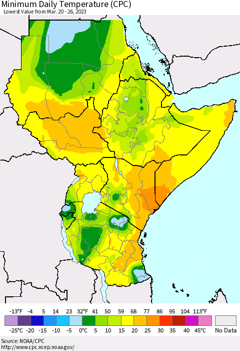 Eastern Africa Minimum Daily Temperature (CPC) Thematic Map For 3/20/2023 - 3/26/2023