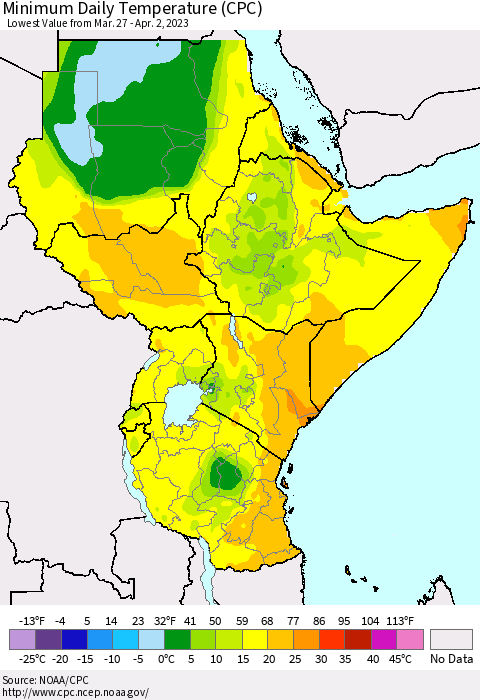 Eastern Africa Minimum Daily Temperature (CPC) Thematic Map For 3/27/2023 - 4/2/2023