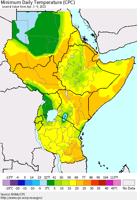 Eastern Africa Minimum Daily Temperature (CPC) Thematic Map For 4/3/2023 - 4/9/2023