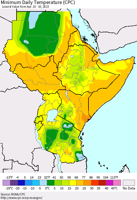 Eastern Africa Minimum Daily Temperature (CPC) Thematic Map For 4/10/2023 - 4/16/2023
