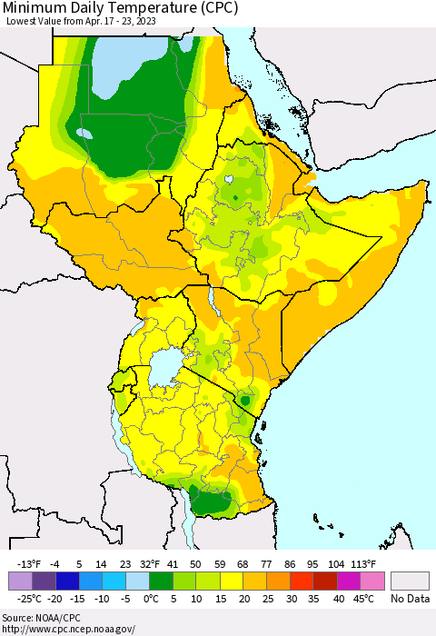 Eastern Africa Minimum Daily Temperature (CPC) Thematic Map For 4/17/2023 - 4/23/2023