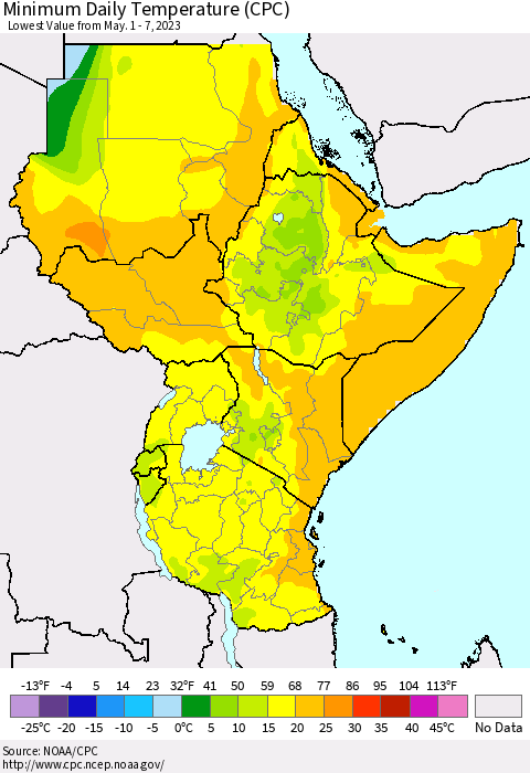 Eastern Africa Minimum Daily Temperature (CPC) Thematic Map For 5/1/2023 - 5/7/2023