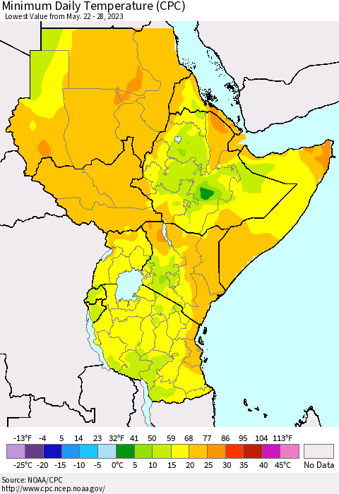 Eastern Africa Minimum Daily Temperature (CPC) Thematic Map For 5/22/2023 - 5/28/2023