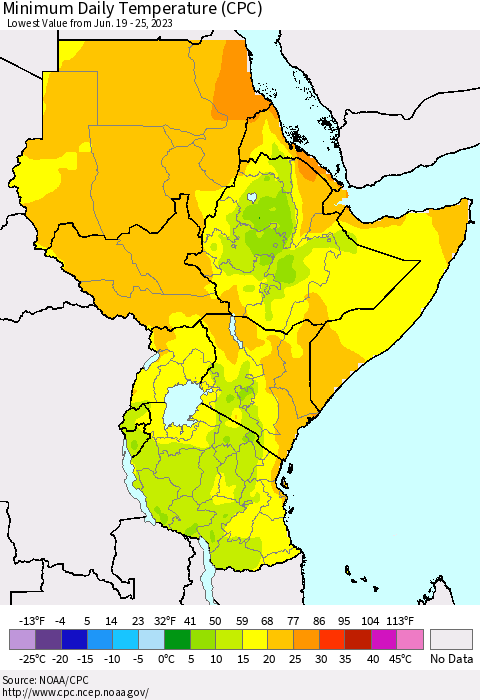 Eastern Africa Minimum Daily Temperature (CPC) Thematic Map For 6/19/2023 - 6/25/2023