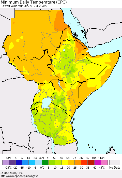 Eastern Africa Minimum Daily Temperature (CPC) Thematic Map For 6/26/2023 - 7/2/2023