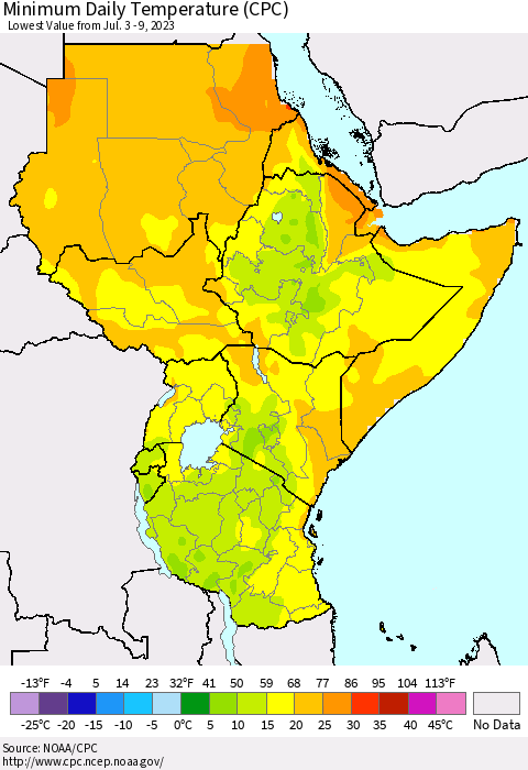 Eastern Africa Minimum Daily Temperature (CPC) Thematic Map For 7/3/2023 - 7/9/2023