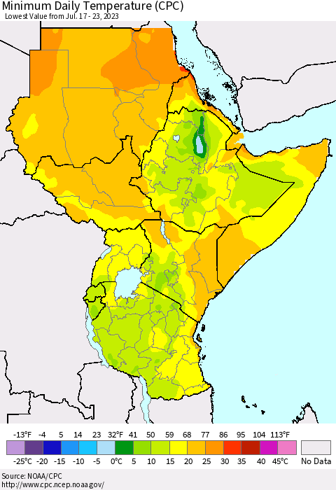 Eastern Africa Minimum Daily Temperature (CPC) Thematic Map For 7/17/2023 - 7/23/2023