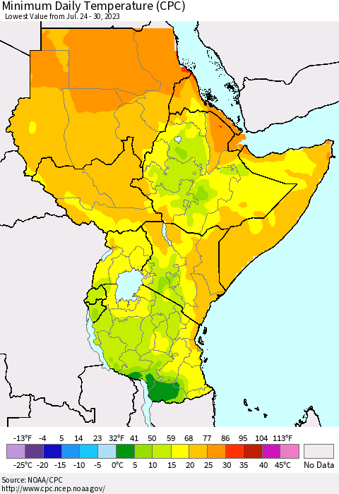 Eastern Africa Minimum Daily Temperature (CPC) Thematic Map For 7/24/2023 - 7/30/2023