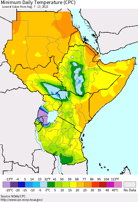 Eastern Africa Minimum Daily Temperature (CPC) Thematic Map For 8/7/2023 - 8/13/2023