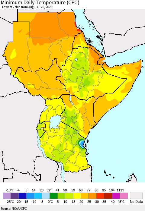 Eastern Africa Minimum Daily Temperature (CPC) Thematic Map For 8/14/2023 - 8/20/2023