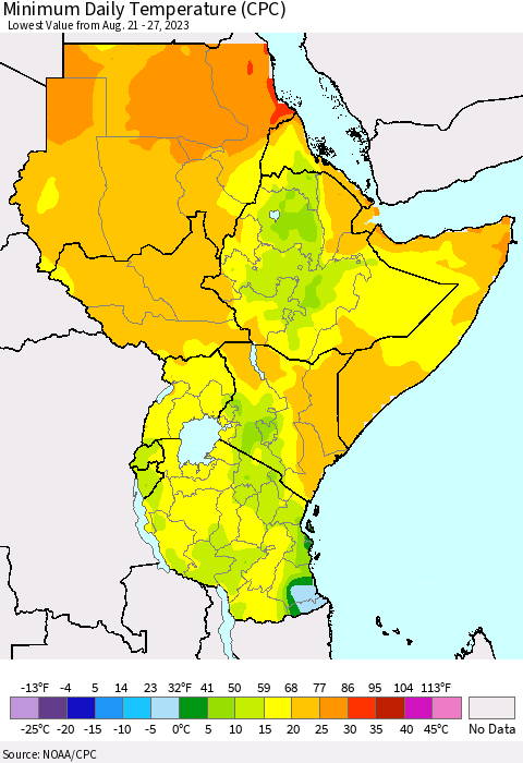 Eastern Africa Minimum Daily Temperature (CPC) Thematic Map For 8/21/2023 - 8/27/2023