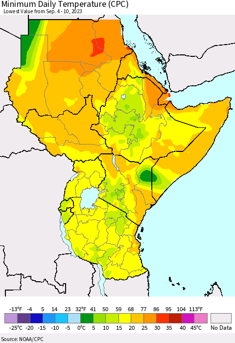 Eastern Africa Minimum Daily Temperature (CPC) Thematic Map For 9/4/2023 - 9/10/2023