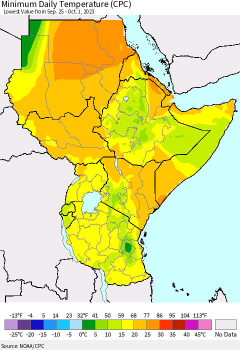 Eastern Africa Minimum Daily Temperature (CPC) Thematic Map For 9/25/2023 - 10/1/2023