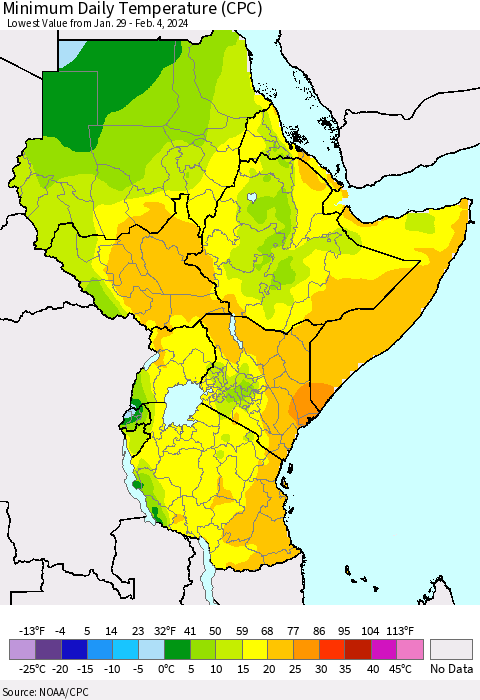Eastern Africa Minimum Daily Temperature (CPC) Thematic Map For 1/29/2024 - 2/4/2024