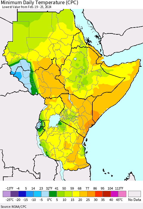 Eastern Africa Minimum Daily Temperature (CPC) Thematic Map For 2/19/2024 - 2/25/2024
