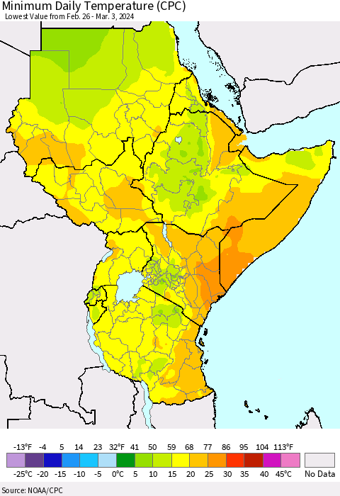 Eastern Africa Minimum Daily Temperature (CPC) Thematic Map For 2/26/2024 - 3/3/2024