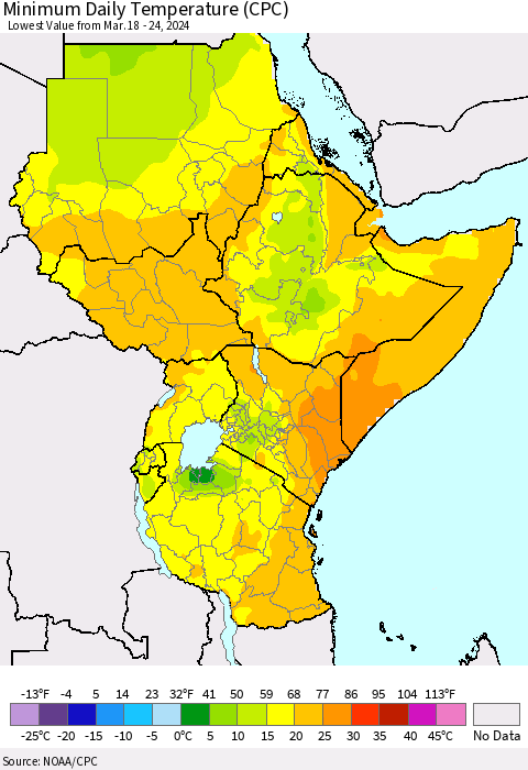 Eastern Africa Minimum Daily Temperature (CPC) Thematic Map For 3/18/2024 - 3/24/2024