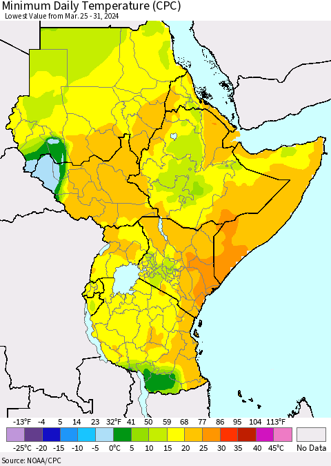 Eastern Africa Minimum Daily Temperature (CPC) Thematic Map For 3/25/2024 - 3/31/2024