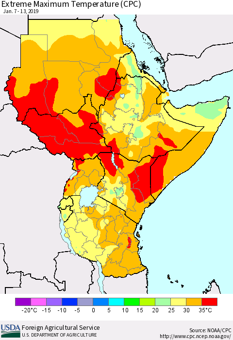 Eastern Africa Maximum Daily Temperature (CPC) Thematic Map For 1/7/2019 - 1/13/2019