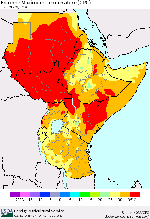 Eastern Africa Maximum Daily Temperature (CPC) Thematic Map For 1/21/2019 - 1/27/2019