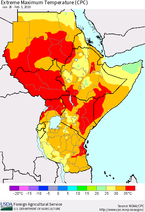 Eastern Africa Maximum Daily Temperature (CPC) Thematic Map For 1/28/2019 - 2/3/2019