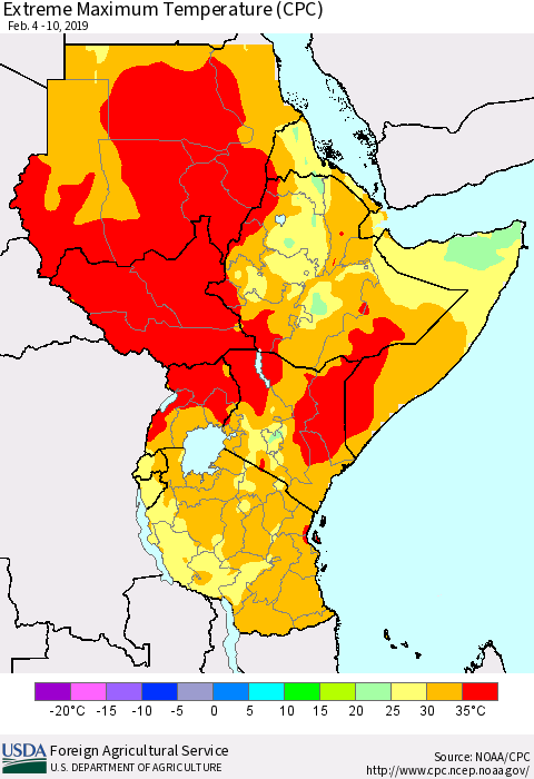 Eastern Africa Maximum Daily Temperature (CPC) Thematic Map For 2/4/2019 - 2/10/2019