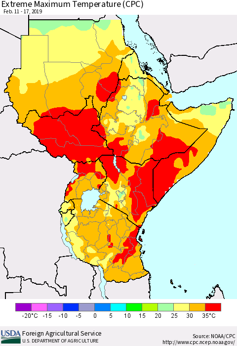 Eastern Africa Maximum Daily Temperature (CPC) Thematic Map For 2/11/2019 - 2/17/2019
