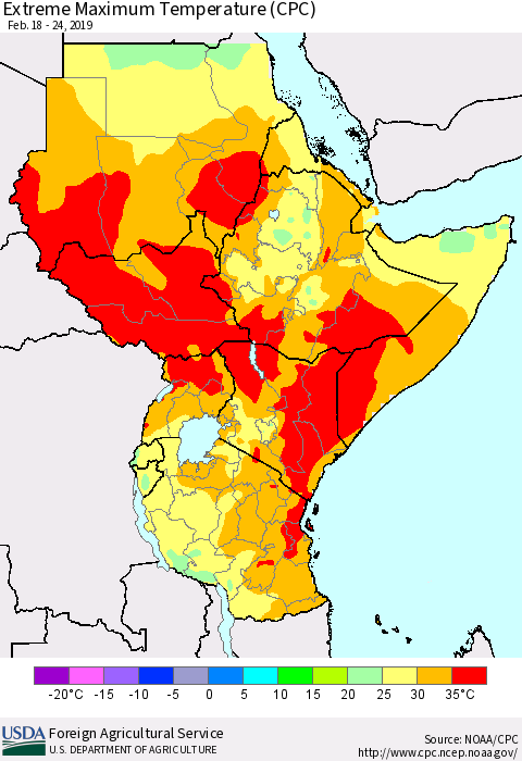 Eastern Africa Maximum Daily Temperature (CPC) Thematic Map For 2/18/2019 - 2/24/2019