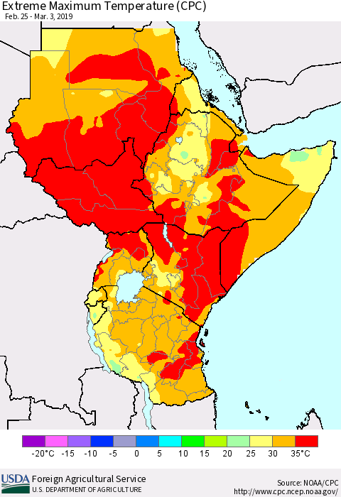 Eastern Africa Maximum Daily Temperature (CPC) Thematic Map For 2/25/2019 - 3/3/2019
