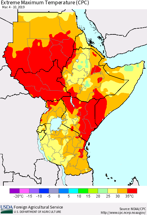 Eastern Africa Maximum Daily Temperature (CPC) Thematic Map For 3/4/2019 - 3/10/2019