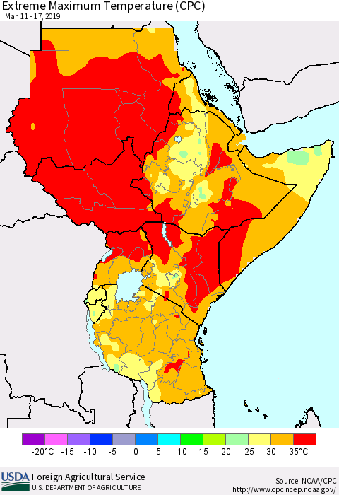 Eastern Africa Maximum Daily Temperature (CPC) Thematic Map For 3/11/2019 - 3/17/2019