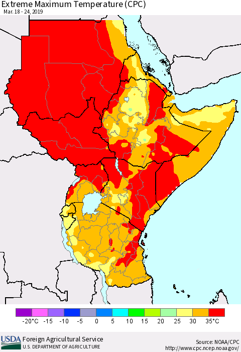 Eastern Africa Maximum Daily Temperature (CPC) Thematic Map For 3/18/2019 - 3/24/2019