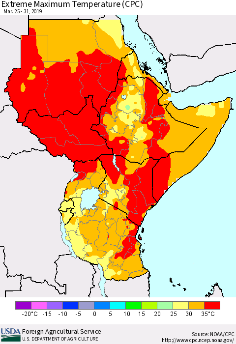 Eastern Africa Maximum Daily Temperature (CPC) Thematic Map For 3/25/2019 - 3/31/2019