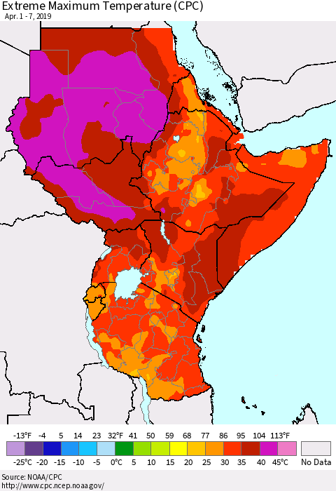 Eastern Africa Maximum Daily Temperature (CPC) Thematic Map For 4/1/2019 - 4/7/2019