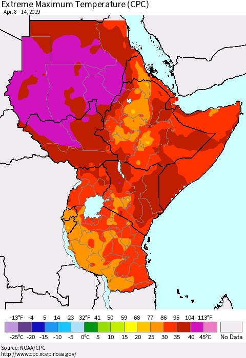 Eastern Africa Maximum Daily Temperature (CPC) Thematic Map For 4/8/2019 - 4/14/2019