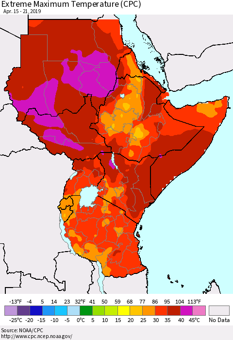 Eastern Africa Maximum Daily Temperature (CPC) Thematic Map For 4/15/2019 - 4/21/2019