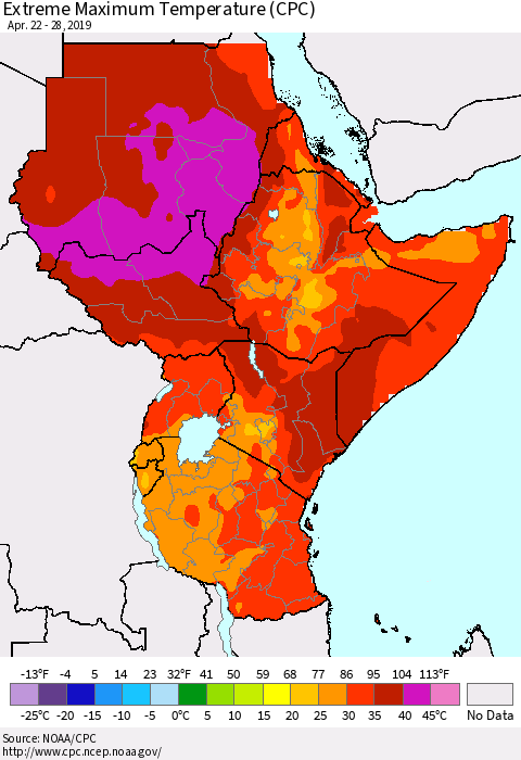 Eastern Africa Maximum Daily Temperature (CPC) Thematic Map For 4/22/2019 - 4/28/2019