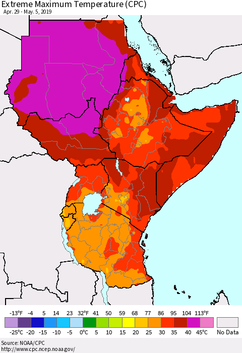 Eastern Africa Maximum Daily Temperature (CPC) Thematic Map For 4/29/2019 - 5/5/2019
